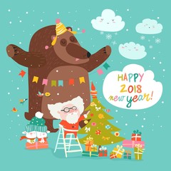 Wall Mural - Christmas card with Santa Claus and bear