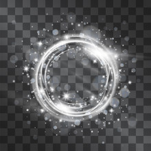 Light Effect With Silver Circle Frame With Glowing Tail Of Shining Stardust Sparkles, Cold Illumination. Glistening Blizzard Energy Ring Flows In Motion. Luxurious Design Element.