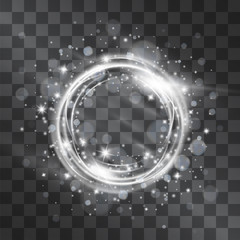 Wall Mural - Light effect with silver circle frame with glowing tail of shining stardust sparkles, cold illumination. Glistening blizzard energy ring flows in motion. Luxurious design element.