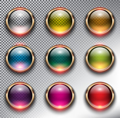 Wall Mural - Abstract metallic web buttons set of 9. Round glass web icons with bronze frame. Isolated with realistic, transparent glass shine and shadow on the dark background. Vector illustration. Eps10.