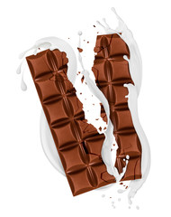 Chocolate bar broken into two halves with milk splashes