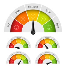 Creative Vector Illustration Of Rating Customer Satisfaction Meter. Different Emotions Art Design From Red To Green. Abstract Concept Graphic Element Of Tachometer, Speedometer, Indicators, Score
