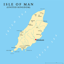 Isle Of Man Political Map With Capital Douglas And Important Cities. Also Known As Mann, A Self Governing Crown Dependency In The Irish Sea And A Tax Haven. English Labeling. Illustration. Vector.