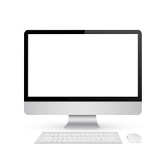 Creative vector illustration of render monitor mock up with blank screen isolated on the background. Computer display, mouse, keyboard. Art design. 3D Front view. Abstract concept graphic element