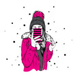 © Grin - A girl in a stylish down jacket and a beautiful hat with a fluffy bubo. A woman is holding a smartphone and making selfies. Vector illustration. Clothing and accessories, fashion and style.