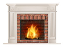 Classic Fireplace With Pilasters And A Furnace With Red Brick Inside. The Element Of The Interior Living Room. Vector Illustration.