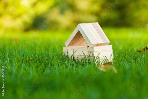Plakat Mały dom z drewnianych klocków na trawie
