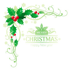 Merry Christmas and Happy new Year corner border frame with holly berry leafs. Text lettering logo. Isolated on white background. Abstract poster, greeting card design template. Vector illustration