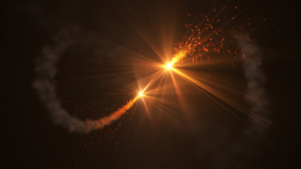 Poster - fire comet flying. shining lights in motion with small particles. ring of fire, plasma ring on a dar