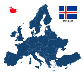 Vector illustration of a map of Europe with highlighted Iceland and Icelandic flag isolated on a white background