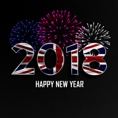 Poster - Happy New Year and Merry Christmas. 2018 New Year background with national flag of Great Britain and fireworks. Vector illustration.