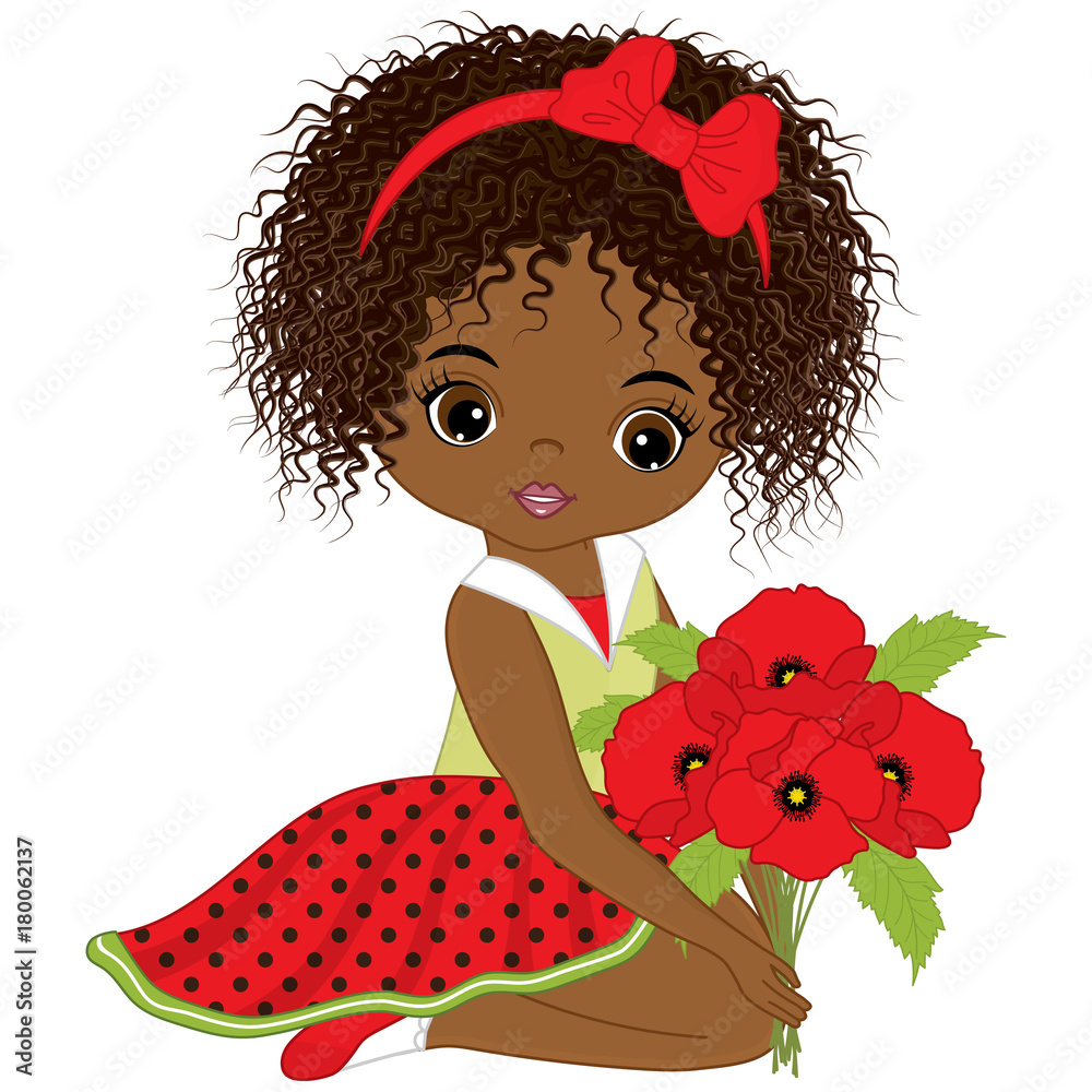 Vector Cute Little African American Girl with Poppy Bouquet Stock ...