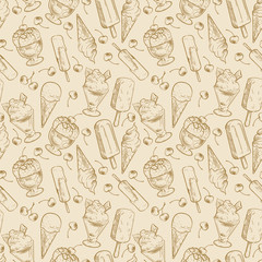 Wall Mural - Vintage dessert pattern - sketch ice cream and cherries seamless pattern