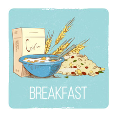 Sticker - Healthy breakfast concept - hand drawn porrige cereals wheat muesli