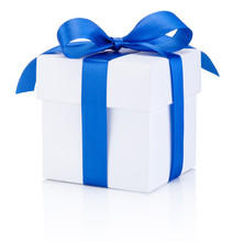 White Gift Box Tied Blue Ribbon Isolated On White Background