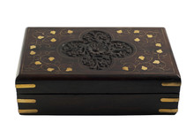 Isolated Dark-brown Wooden Casket With Inlay And Carved Pattern In Indian Style