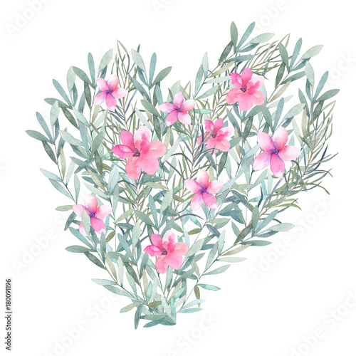Pink flamingo and tropical leaves. Watercolor print for invitation, birthday,...