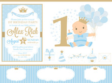 Blue And Gold Prince Party Decor. Cute Happy Birthday Card Template Elements. Birthday First Party And Boy Baby Shower Design Elements Set. Seamless Classic Pattern Backgrounds.