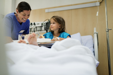 Wall Mural - Young Caucasian girl staying at a hospital