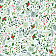 Seamless Christmas Pattern with Mistletoe, Spruce Branches, Green Leaves and Berries. 