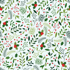 seamless christmas pattern with mistletoe, spruce branches, green leaves and berries.