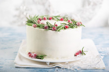Delicious Festive Gingerbread Cake Decorated With Rosemary And Sugar Cranberries For Christmas
