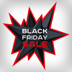 Poster - Black Friday Sale. Volume geometric shape, 3d levitation black crystal, creative low polygons dark object. Red lightning. Vector design form for you business projects