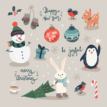 Christmas Set, Hand Drawn Style - Calligraphy, Animals And Other Elements. Vector Illustration.