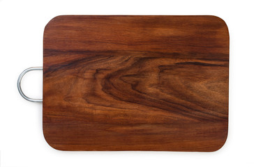 Wall Mural - Handmade walnut wood cutting board with metal handle, isolated on a white background, top view.