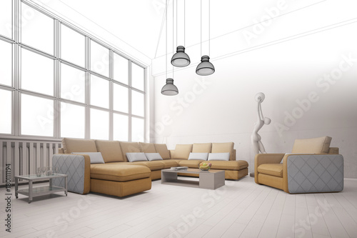 Raumplanung Von Wohnzimmer Im Loft Buy This Stock Illustration