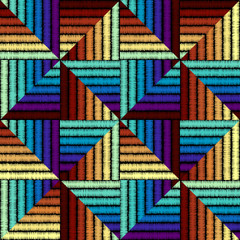 Poster - Colored lines on a black background in patchwork style. Ethnic and tribal motifs. Seamless vector background.