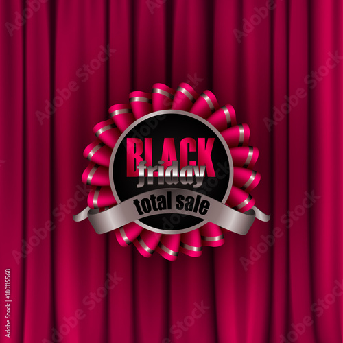 Black Friday Label With Ribbon On Red Drapery Background For