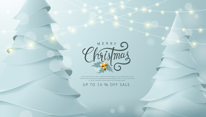 Merry Christmas and Happy New Year sale banner background with paper art and craft style.Glowing lights for Xmas Holiday.Calligraphy.Vector illustration template.greeting cards.