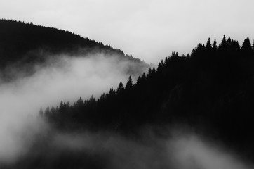 Wall Mural - dark minimal landscape, black and white scenery with fog and mountains
