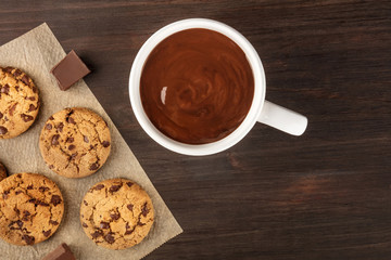 Wall Mural - Chocolate chips cookies with hot chocolate and copy space