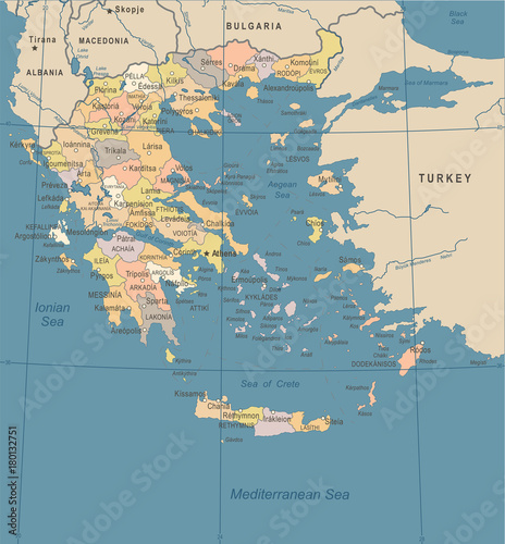 Cuadros en Lienzo Greece Map - Vintage Detailed Vector Illustration