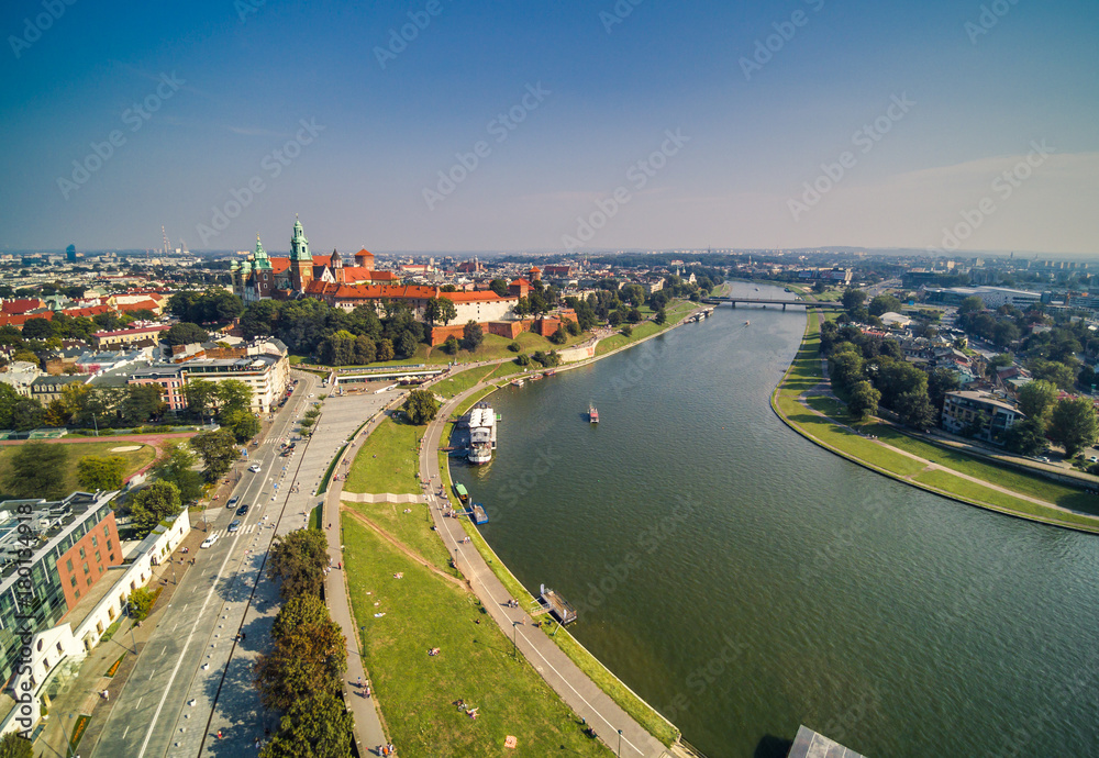 Obraz na płótnie Kraków Wisła, Wawel, most Grunwaldzki i barki w salonie