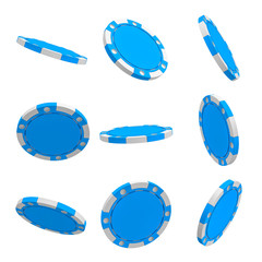 Poster - 3d rendering of many blue casino chips hanging on a white background in different angles.