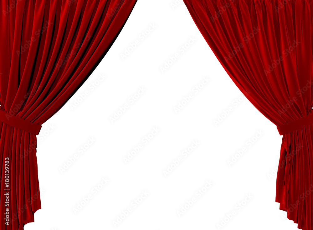 Red fabric theatre curtains on a plain white background. 3D Rendering - obrazy, fototapety, plakaty 