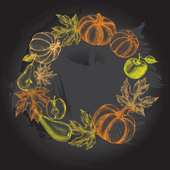 Wall Mural - Thanksgiving Background. Wreath with Ink hand drawn pumpkins, pears, apples and maple leaves. Autumn harvest elements composition. Vector illustration.