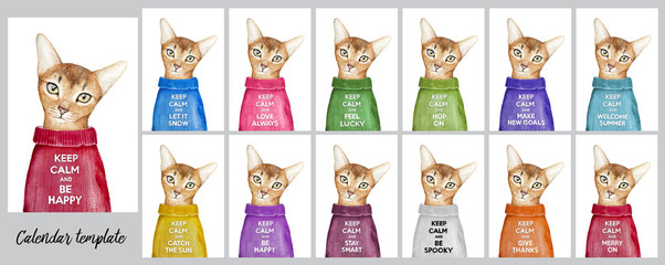 Calendar template, twelve months set and cover. Kitty portrait and different holiday variations of Keep Calm and Carry On slogan phrase on rainbow colors coat. Hand drawn watercolor illustration image