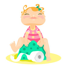 Adorable, Cute Smiled Baby Girl Sitting On A Potty With Closed Eyes With Toilet Paper Roll. Vector Illustration In Flat, Cartoon, Childish Style