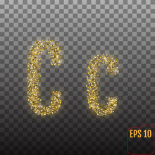 Vector Alphabet. Gold Letter C On Transparent Background. Gold Alphabet Logo. Golden Confetti And Glitter Concept. Font Style - Vector Illustration.