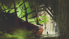 A Pirate Who Has Found The Abandoned Ship With Green Smoke In Waterfall Cave, Digital Art Style, Illustration Painting