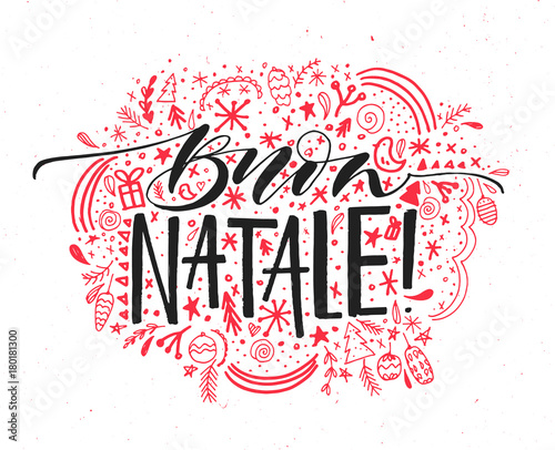 Buon Natale Ornament.Buon Natale Italian Merry Christmas Text Vector Greeting Card With Hand Drawn Elements Ornament Around Handwritten Calligraphy And Lettering Buy This Stock Vector And Explore Similar Vectors At Adobe Stock