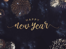 Happy New Year Celebration Text With Festive Gold Fireworks Collage In Night Sky