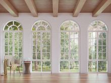 Scandinavian Living Room 3d Rendering Image.The Rooms Have Wooden Floors And Ceilings With White Walls .There Are Arch Shape Window Overlooking To The Nature.