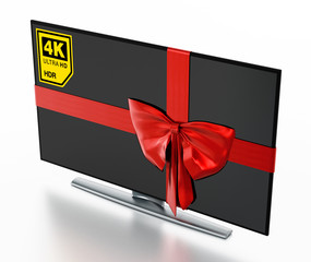 4K Ultra HD TV wrapped with red ribbon. 3D illustration