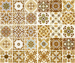 Colorful vintage ceramic tiles wall decoration.Turkish ceramic tiles wall background