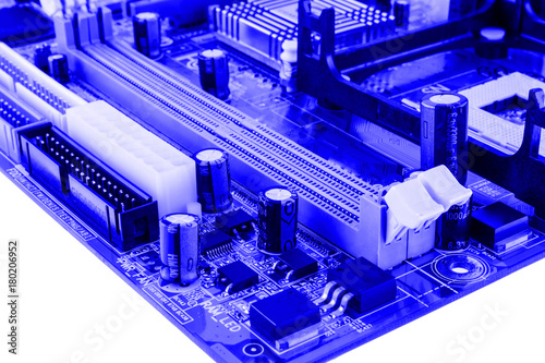 Fotografía PCI connector slot in motherboard PC toned macro isolate